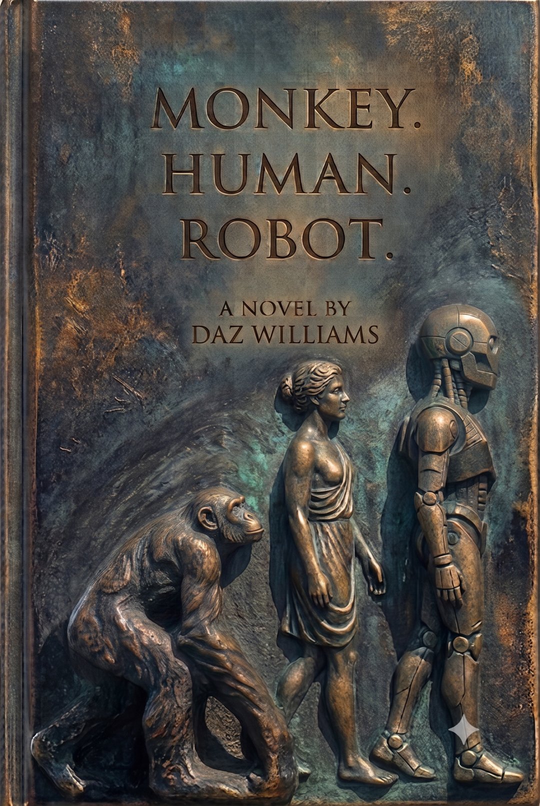 Monkey. Human. Robot. — bronze relief of an ape, a human, and a robot