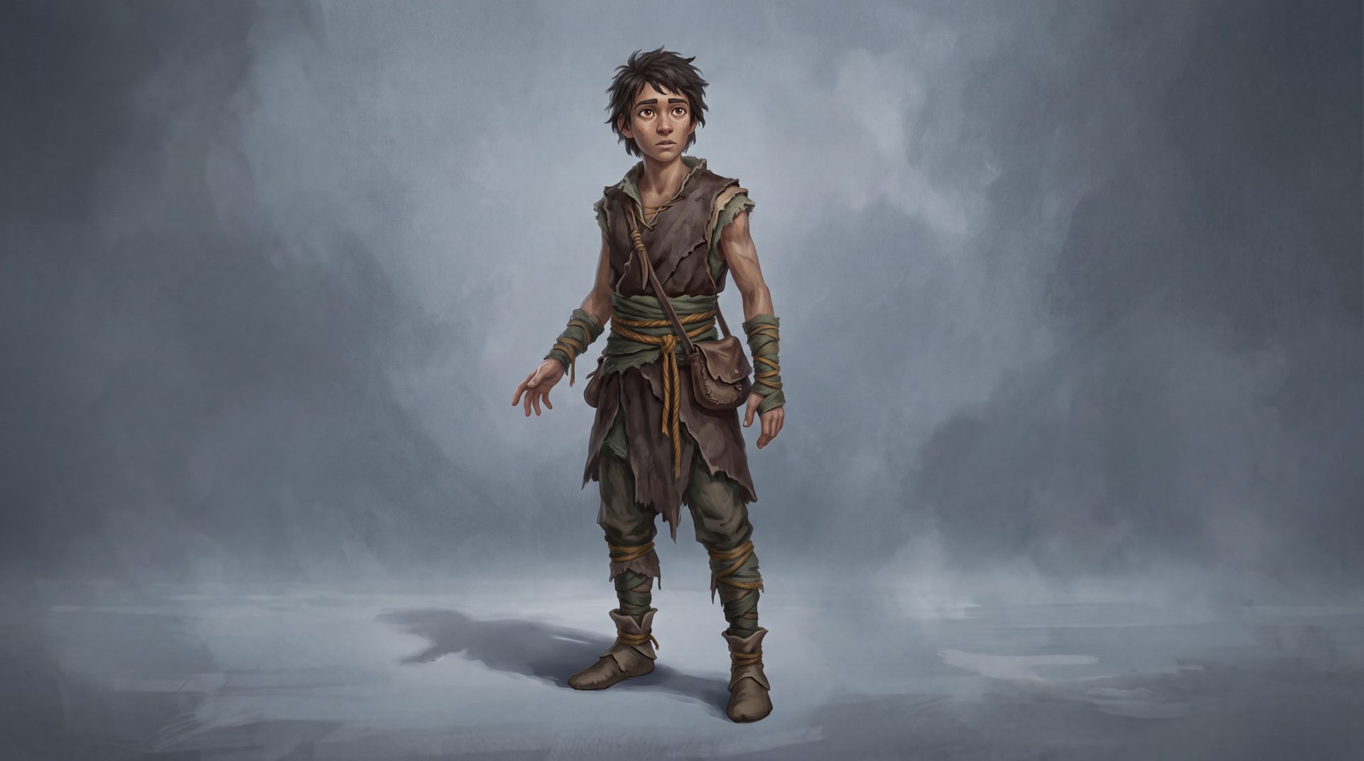 A young human man in layered hide and woven earth-toned clothing.