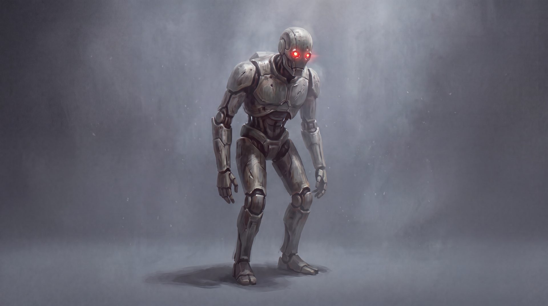 A battered, patched graphite robot standing with new presence.