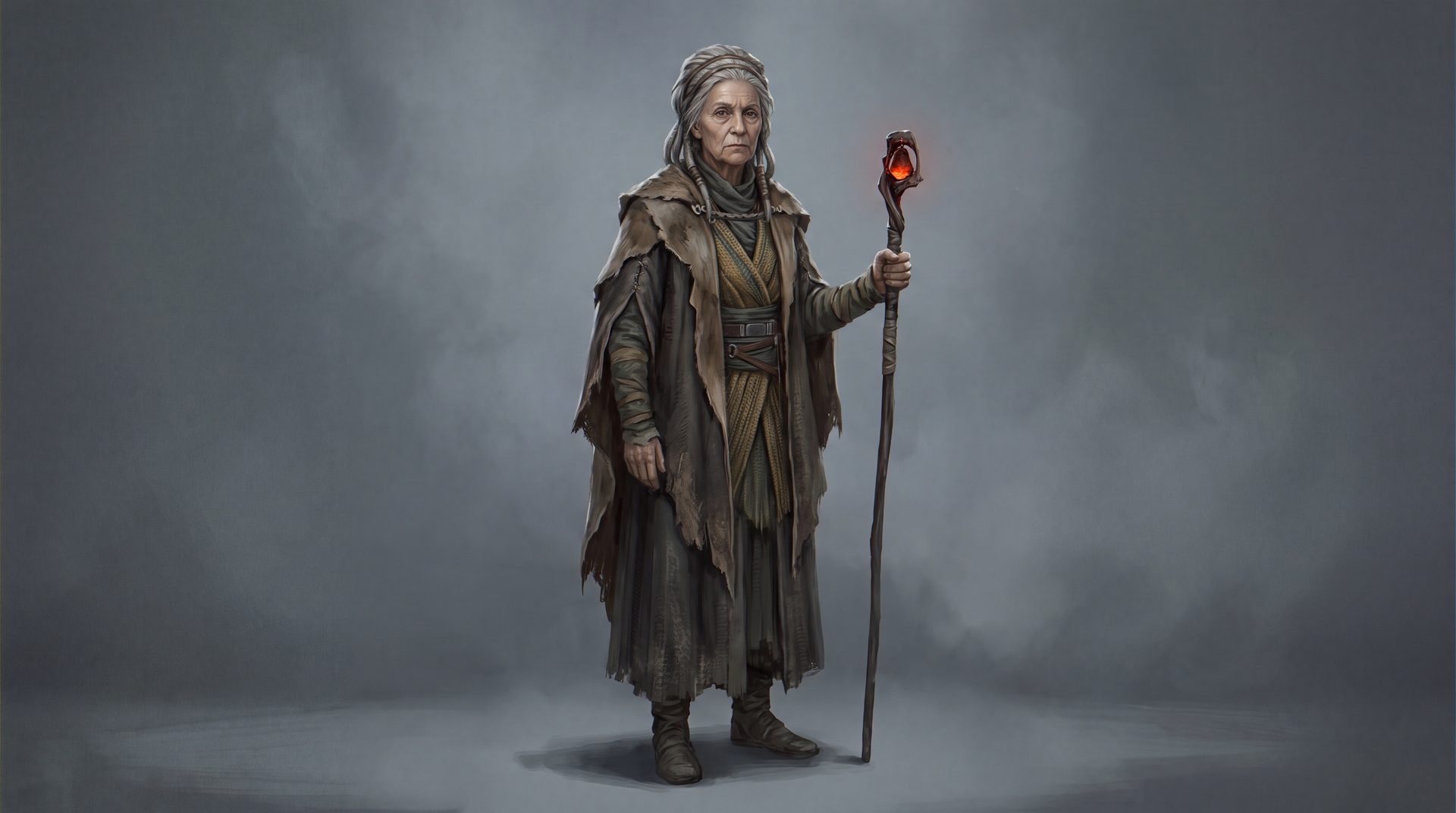 An aged human woman in layered woven garments, with steady, grave eyes.