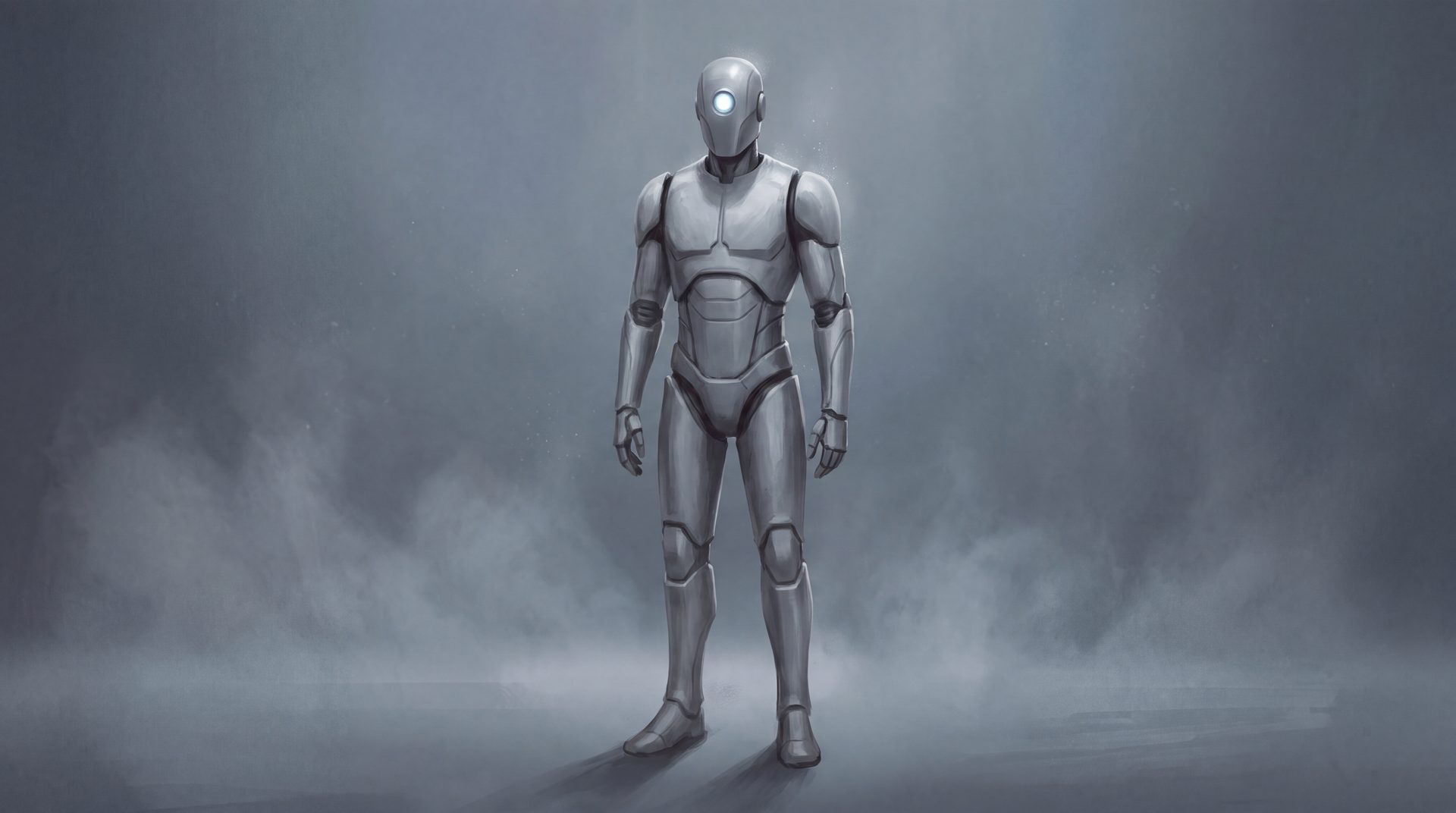 A pristine silver-gray humanoid robot with a single cold white-blue eye-glow.