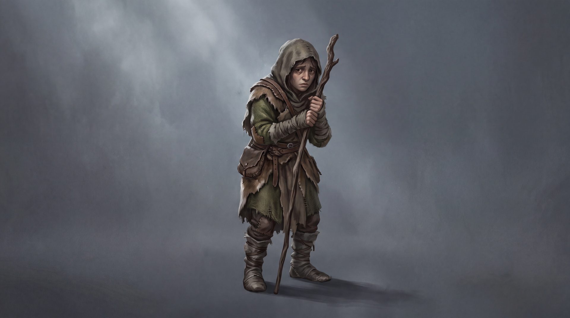 A wary forest human in patched, woven, earth-toned clothing.