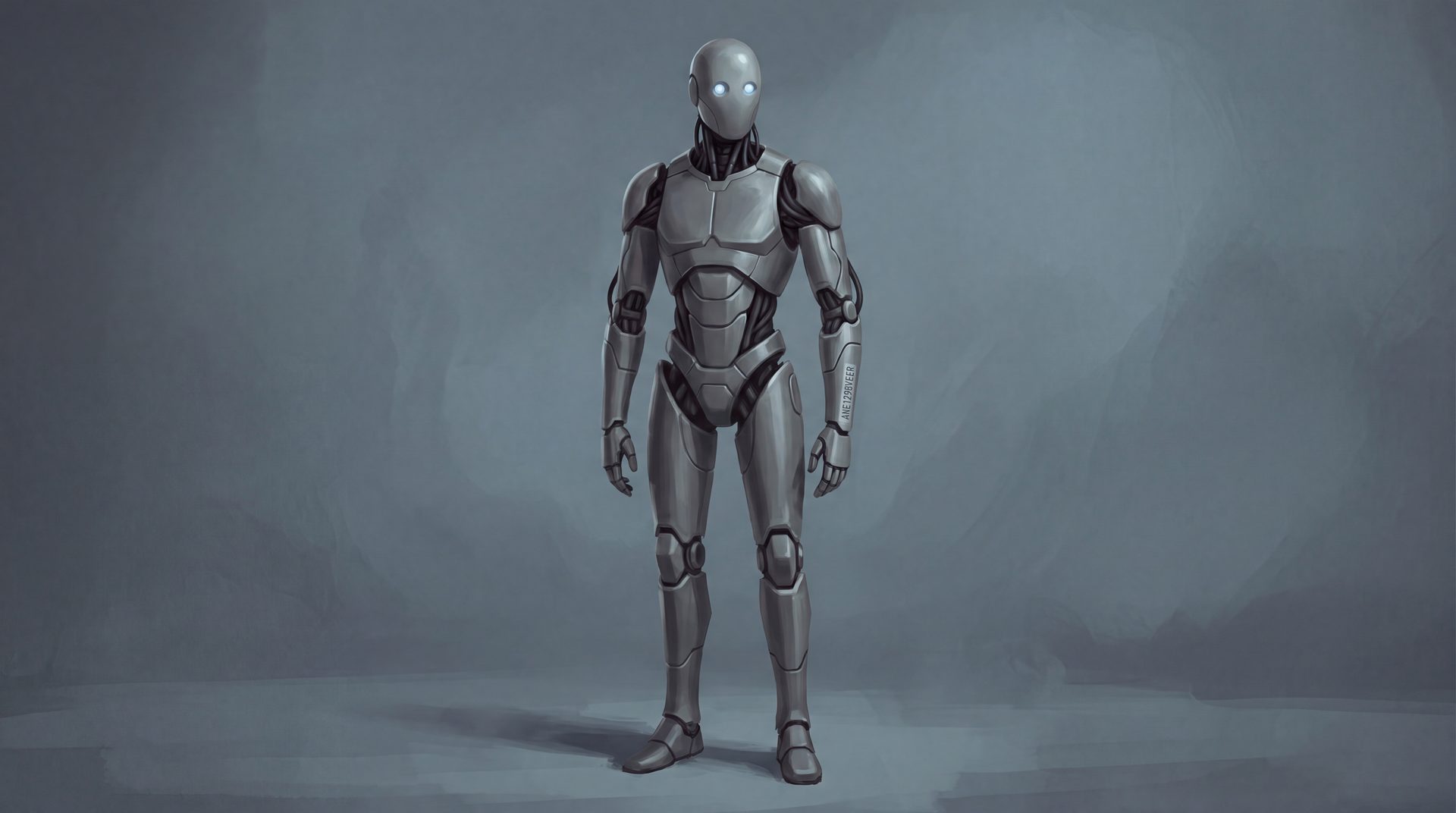 A lean pewter humanoid robot with softly glowing pale-blue eyes.
