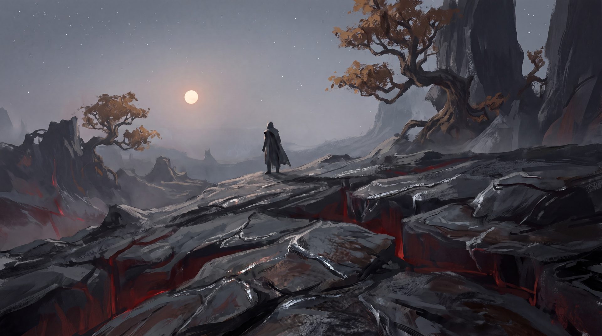 A vast new surface of dark metal-veined rock under a small cold sun and unfamiliar stars.