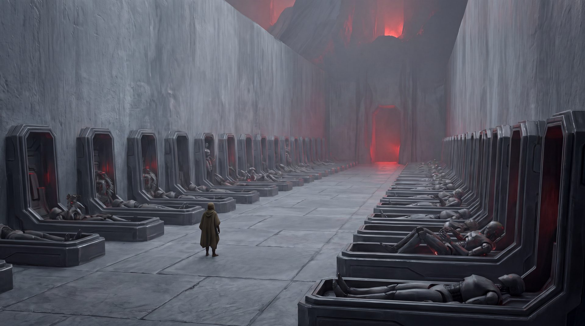 A long, cold hall of identical cradles holding new robot bodies.