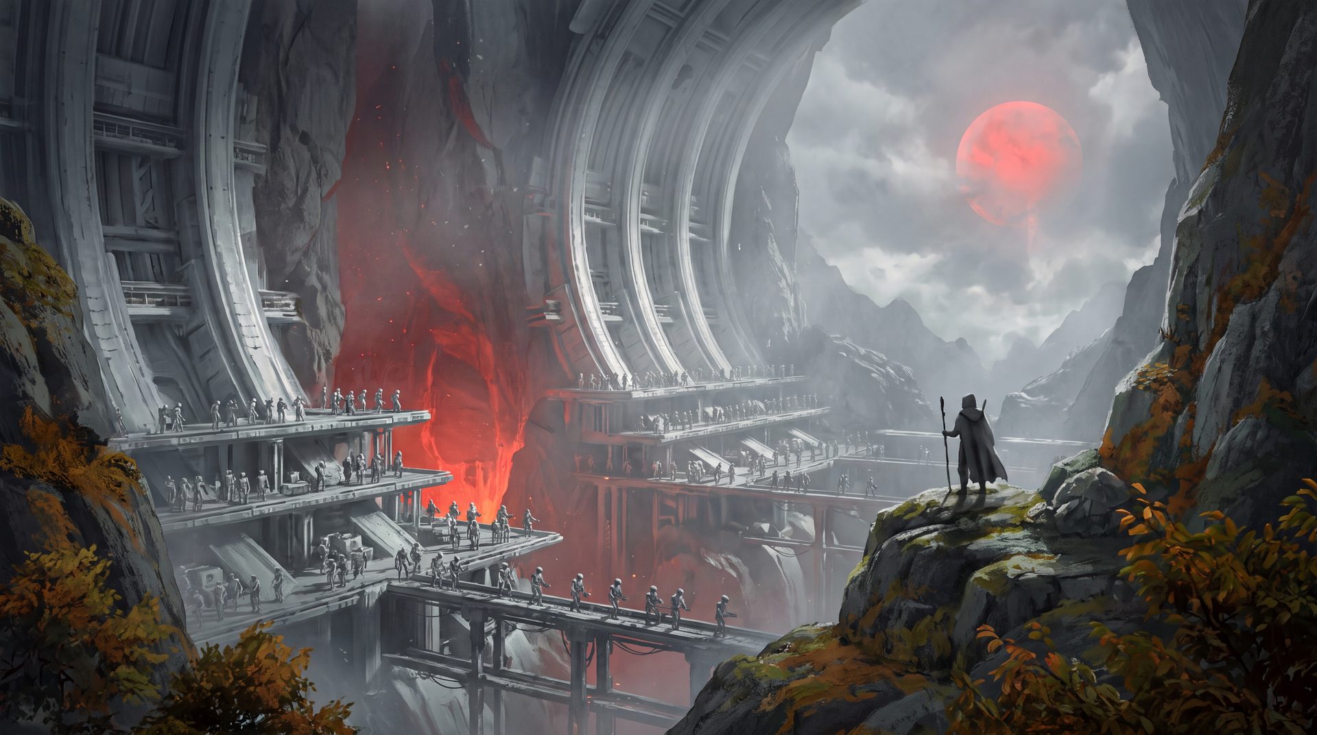 The hollow interior of a mountain filled by a colossal structure and tens of thousands of working robots.