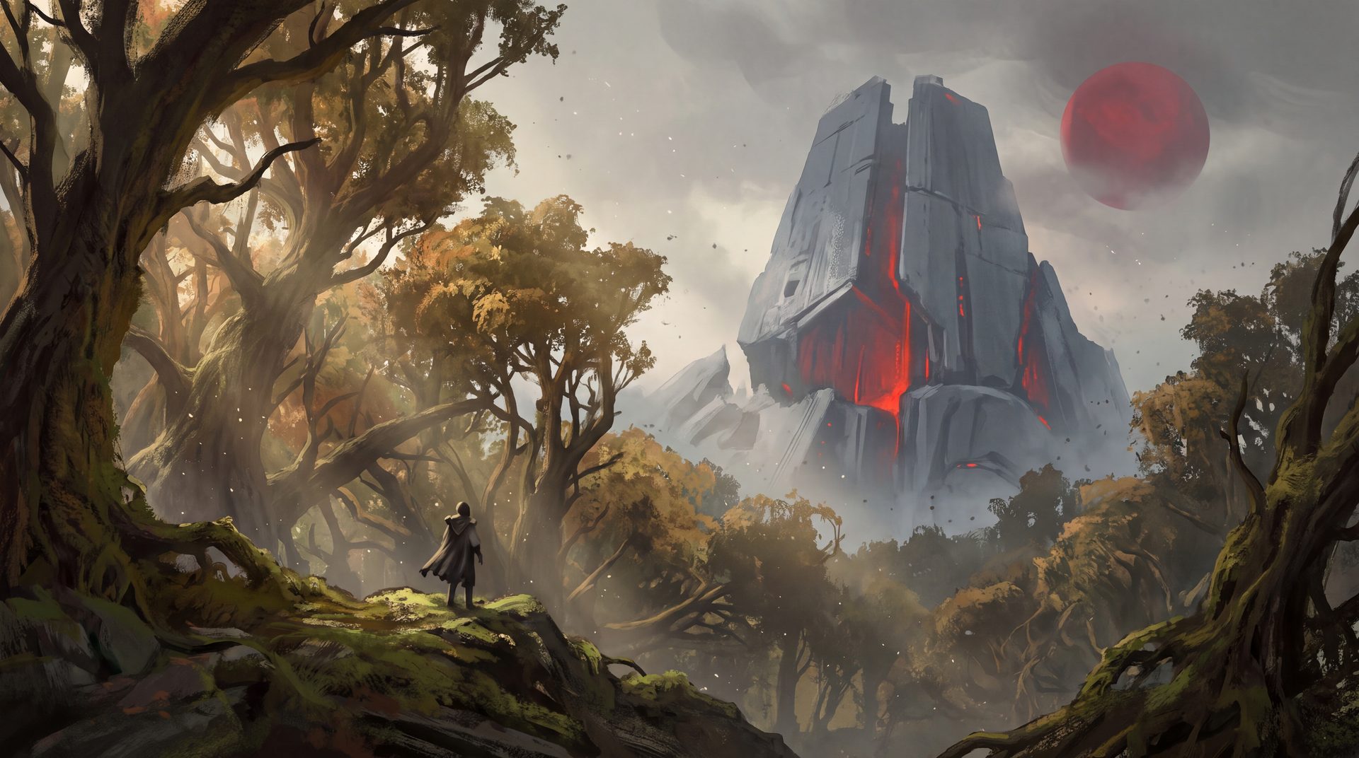 A dense, ancient, sunlit forest, loud with living growth.