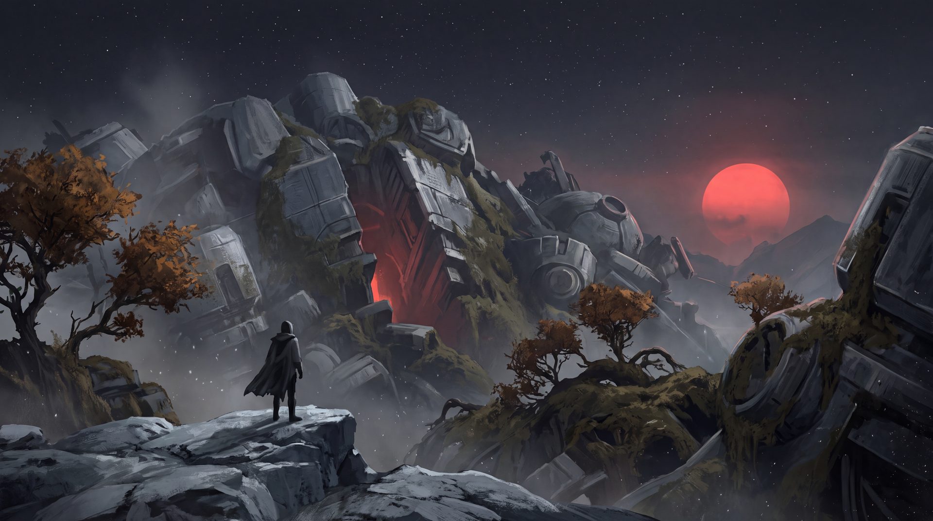 A black night sky scattered with stars and a single round red point low on the horizon.
