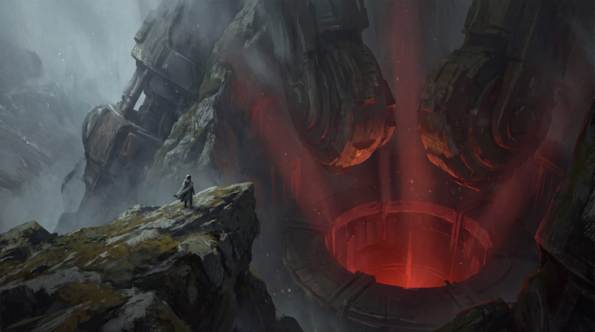 Two colossal masses turning about each other, lit blood-red from the molten depths of the mountain.